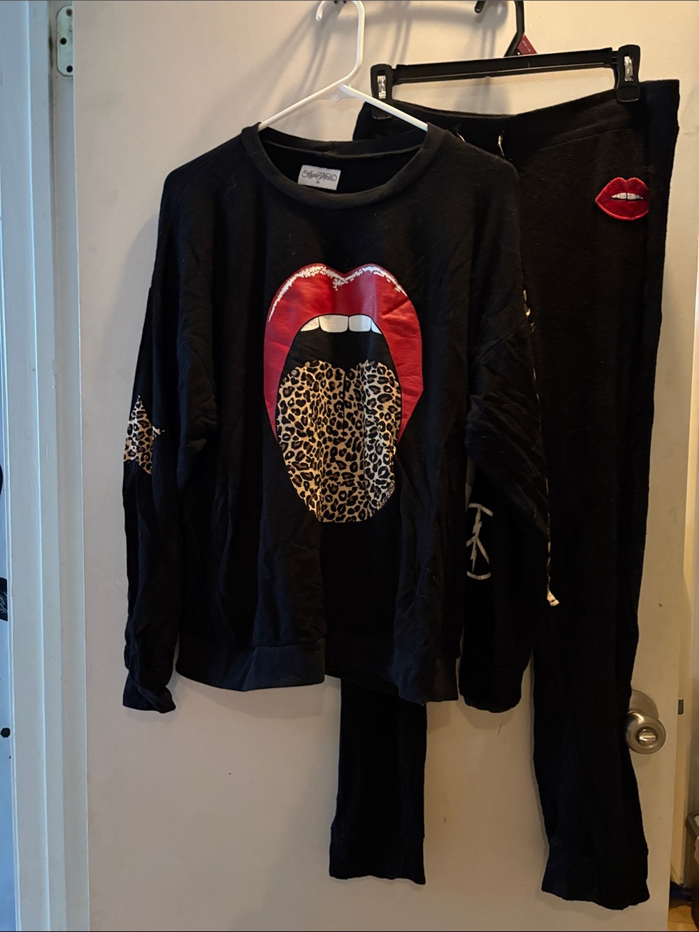 Lauren Moshi Black Pajama Set with Red Lip & Leopard Print